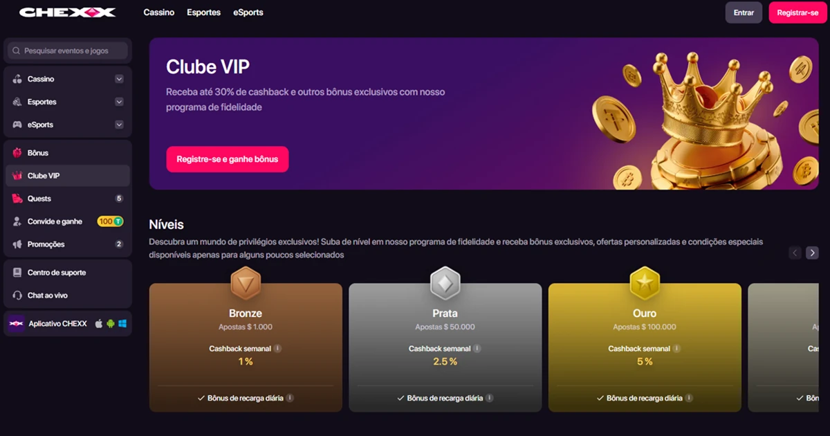 Clube VIP oficial do CHEXX com níveis e cashback semanal