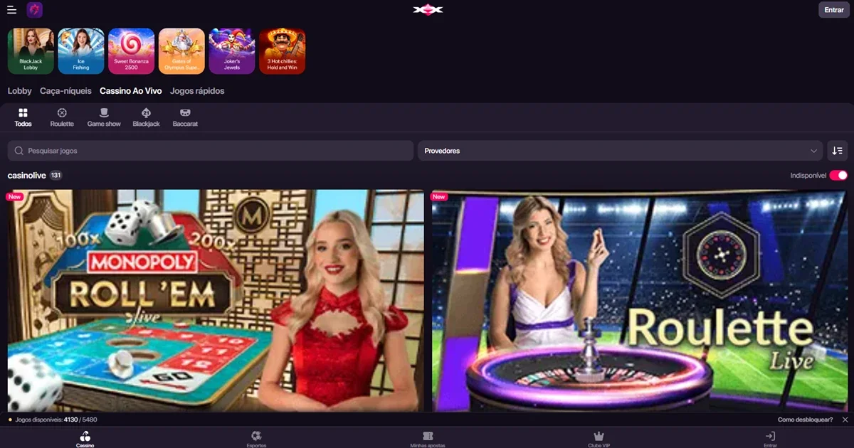 Seção oficial de cassino ao vivo do CHEXX com mesas e provedores