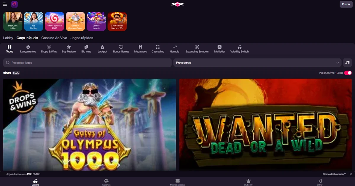 Seção oficial de slots do CHEXX com filtros e categorias