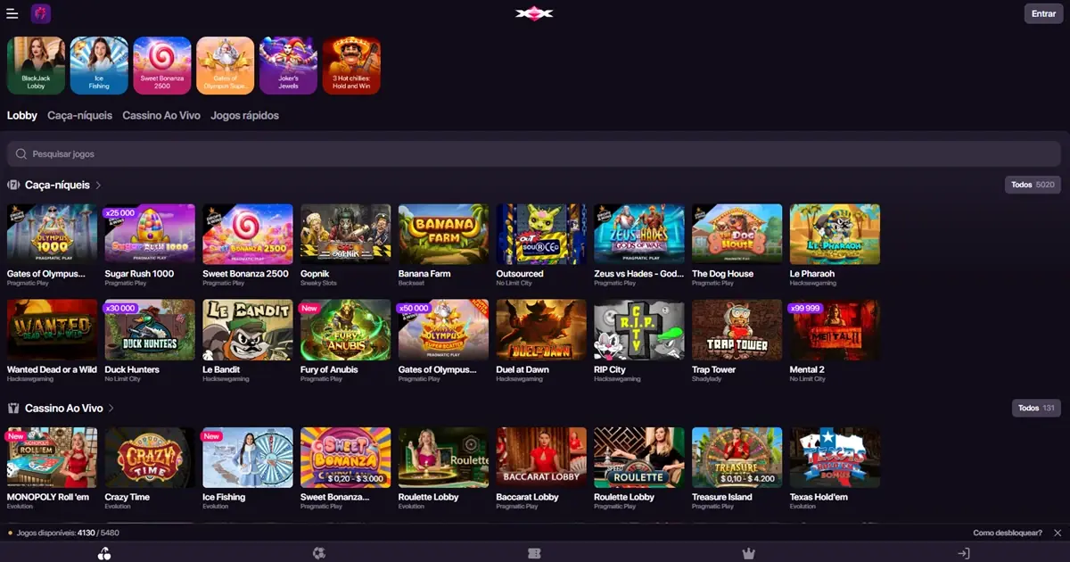 Lobby oficial do cassino CHEXX com categorias de jogos