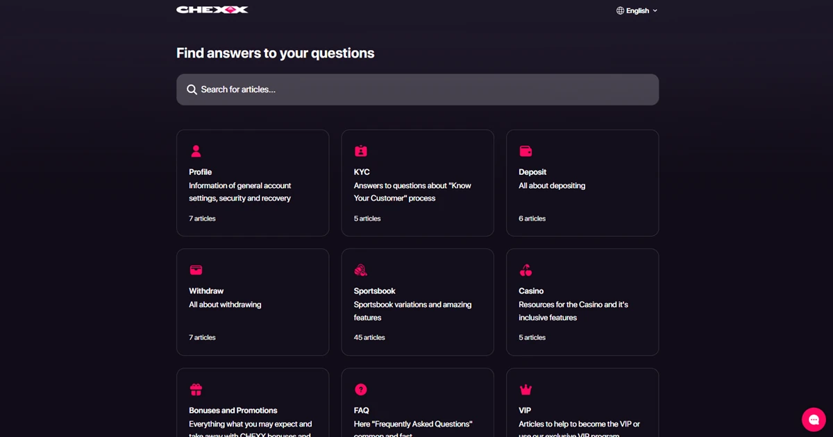 Help center oficial do CHEXX com as categorias Deposit e Withdraw