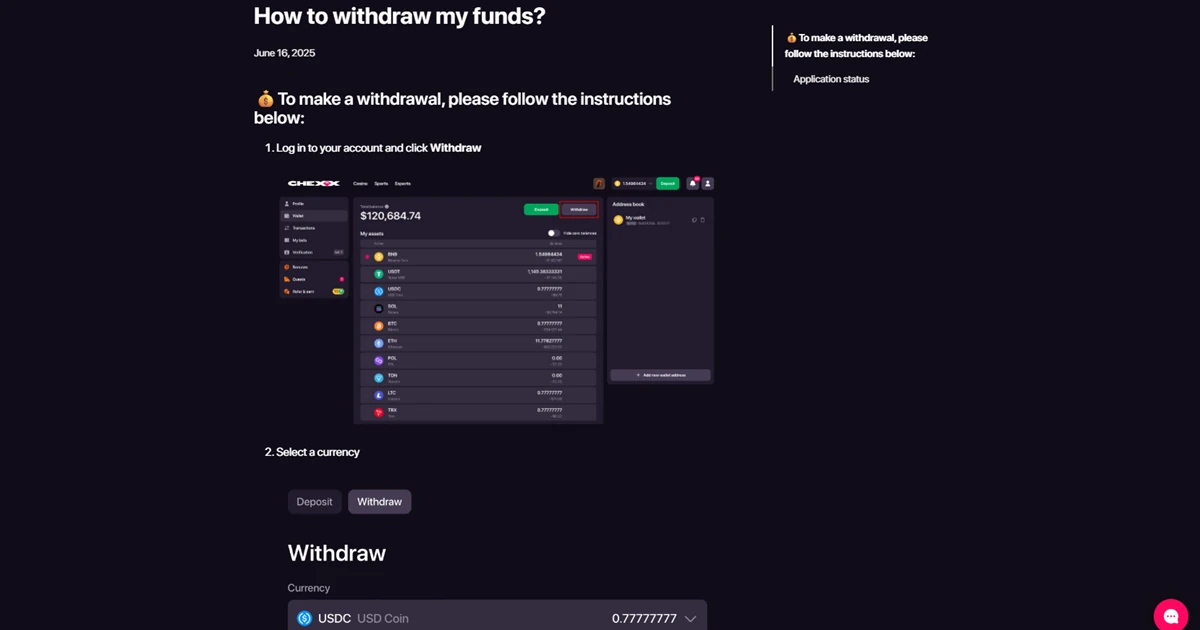 Help center oficial do CHEXX com instruções de saque em criptomoedas
