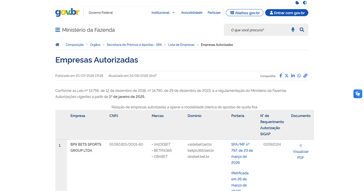 Cadastro oficial da SPA e Ministério da Fazenda usado para verificar operadores autorizados no Brasil