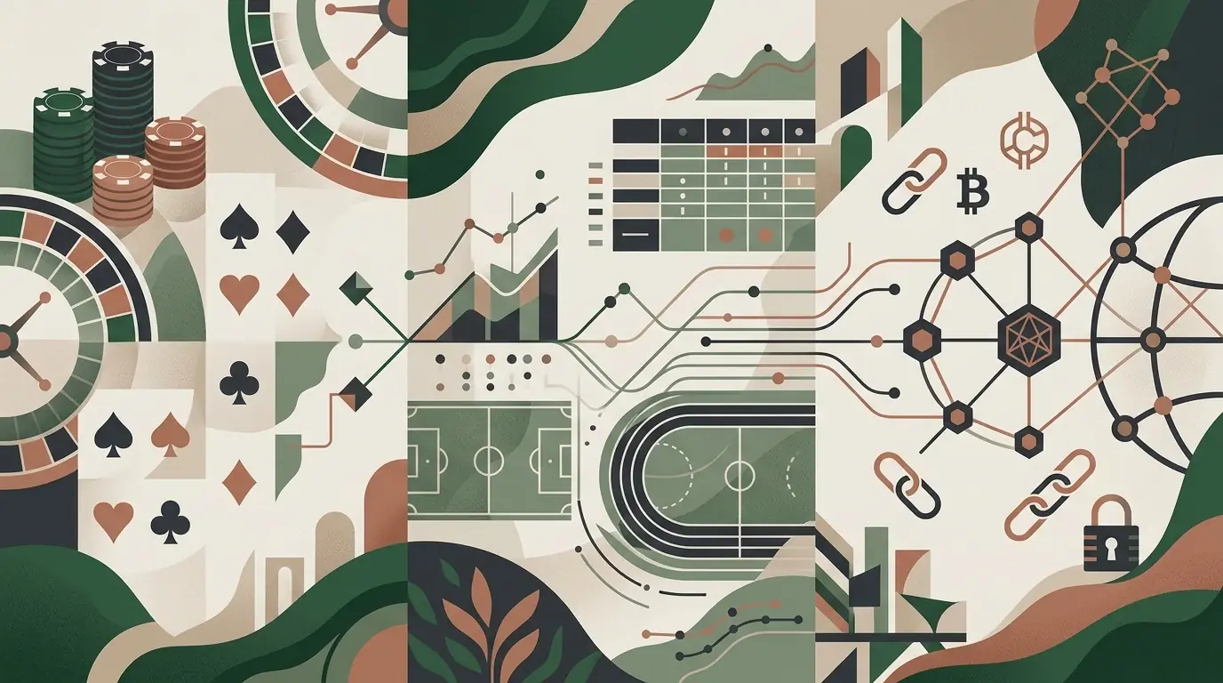 Ilustração editorial abstrata sobre cassino, sportsbook e criptomoedas no contexto brasileiro
